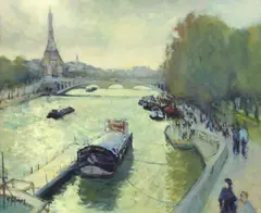 Yves Salomon, River Seine with View of the Eiffel Tower, oil on canvas