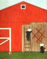 Nuns playing tic-tac-toe on the side of a barn by Frank Whipple, oil on board, sold Jun 2025