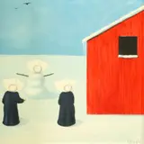 Frank Whipple, Nuns building a snowman, oil on board