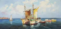 T.L. Novaretti, Venetian Harbor with Sailboats, oil on canvas