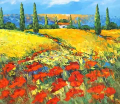 Madjid Rahnavardkar, Italian Landscape with Cypress Trees and Red Poppies, oil on canvas