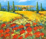 Madjid Rahnavardkar, Italian Landscape with Cypress Trees and Red Poppies, oil on canvas