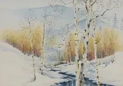 Secundino Sandoval, Aspen trees in winter, watercolor painting on paper