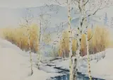 Secundino Sandoval, Aspen trees in winter, watercolor painting on paper