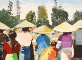Mario Berrino, Impressionist Crowd of Figures in Conical Hats, oil on board