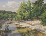Brian A. Grimm, Summer Morning on Onion Creek, oil on board