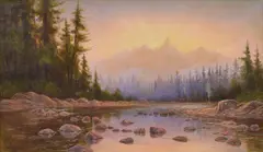 James Everett Stuart, Evening - The Three Tetons, From Indian Creek - Near Jackson's Lake, Wyoming, oil on canvas