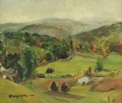 George Luks, Feb 16/ 67- N.Y., This work was done by my late husband George Luks between 1906-1910, Penn. Landscape oil on board 28, 2016, oil on board