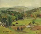 George Luks, Feb 16/ 67- N.Y., This work was done by my late husband George Luks between 1906-1910, Penn. Landscape oil on board 28