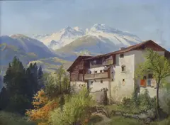 Konrad Petrides, Alpine Landscape with Cottage, oil on canvas
