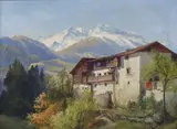Konrad Petrides, Alpine Landscape with Cottage, oil on canvas