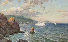 Villi Leopoldovych Mokrozhytskyi, Cargo Ship on the Water, oil on canvas