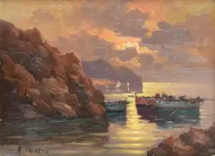Raffaele Caiazzo, Fishing Boats at Sunset, oil on board