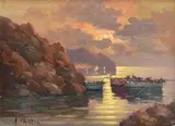 Raffaele Caiazzo, Fishing Boats at Sunset, oil on board