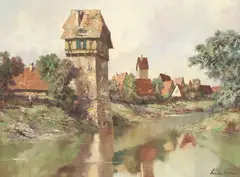 Ludwig Klein, Creekside Village Landscape, oil on canvas
