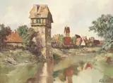 Ludwig Klein, Creekside Village Landscape, oil on canvas
