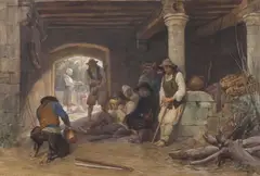 Frederick Goodall, Peasant Workers Seeking Shade in Barn Interior, watercolor on paper