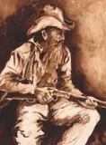 Terry Starnes, Western Portrait, monochrome watercolor painting and pencil on paper