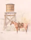 Barbara Ruth Garvin, Horse and Water Tower, watercolor on paper