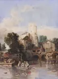 F.E.A. Ford, On the Rhine Near Cologne, Large framed watercolor