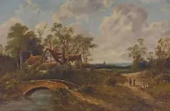 Octavius Clark, Country Landscape with Cottage and Bridge, oil on canvas