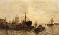Edward Henry Eugene Fletcher, View of the Thames with Sailing Ships, oil on canvas