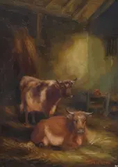 Arthur Jackson, Cows in a Barn, oil on board
