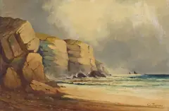 C. Thomas, Cliffside Seascape, oil on canvas