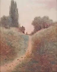 J. Robinson, Pastoral Road with Barn and Man, oil on board