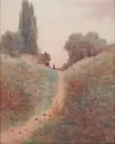 J. Robinson, Pastoral Road with Barn and Man, oil on board