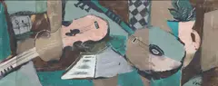 Maurice Verrier, Abstract Still Life with Instruments and Sheet Music, oil on board