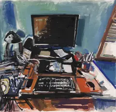 Dmitry Samarov, Still Life with Computer Desk, watercolor on paper
