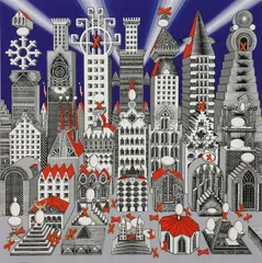 Pedro Friedeberg, Ciudad de un Millon con 25 Huevos Duros (City of a Million with 25 Hard-Boiled Eggs), silkscreen print in colors on paper