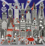 Pedro Friedeberg, Ciudad de un Millon con 25 Huevos Duros (City of a Million with 25 Hard-Boiled Eggs), silkscreen print in colors on paper