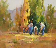 Ruth Valerio, Farmers Ploughing a Field in an Autumnal Landscape, oil on canvas