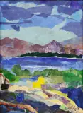 Judy Copeland, Hill Country Barn, mixed-media collage on hand-painted paper