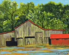 Judy Copeland, Barn with Red Shed, acrylic on canvas
