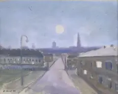 Hardy Strid, Moonlit Street Scene, oil painting on paper