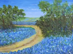 Bluebonnet Road by Judy Copeland, acrylic on board, sold Jun 2026