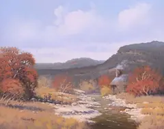 Loveta Strickland, Autumn Landscape with Cabin, oil on canvas