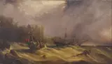 English School, Seascape with Naval Battle Scene, English School oil on canvas