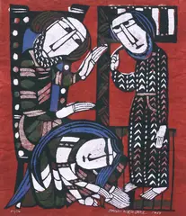 Sadao Watanabe, Mary Magdalene Washing the Feet of Christ, relief print with stenciled color on momigami paper