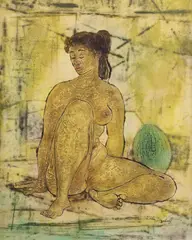 Charles Campbell, Seated Female Nude with Melon, oil on board