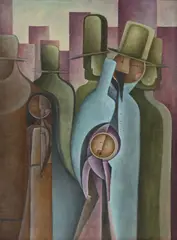 Javier Guerrero, Crowd of Figures, oil on canvas painting mounted to board