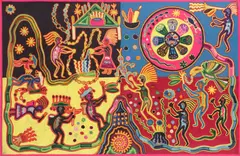 Uzra Temai, Sanborn Tours, 1980, Huichol Indian folk art yarn painting on board