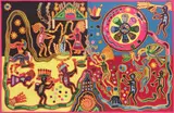 Uzra Temai, Sanborn Tours, 1980, Huichol Indian folk art yarn painting on board