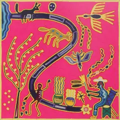 Uzra Temai, El Camino de Los Muertos (The Path of the Dead), Huichol Indian folk art yarn painting on board