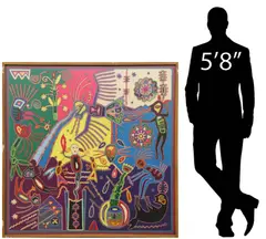 José Benítez Sánchez, Foundational Myth or Narrative Legend, Huichol Indian folk art yarn painting on board