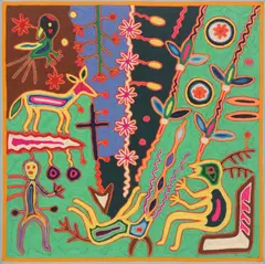 José Benítez Sánchez, Sacred Cleansing, Huichol Indian folk art yarn painting on board