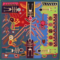 José Benítez Sánchez, Skeletal Figures, Huichol Indian folk art yarn painting on board
